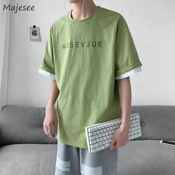 

Men Short Sleeve T-shirts Printed Korean Style Simple Soft Streetwear Loose Male Tops O-Neck Leisure Ins Plus Size 2XL Basic New