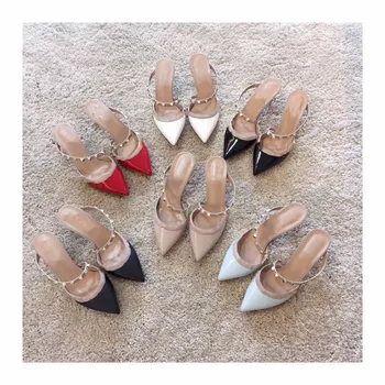 

Sweeheart Design Brand Women High Heel Sandals Pointed Toe Thin Heels Pumps Rivet Patent Leather Shoes Real Leather Shoes Size42