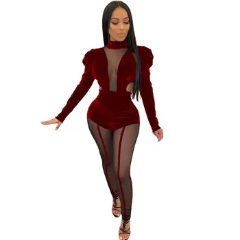 

Sexy Mesh Sheer Patchwork Velvet Winter Jumpsuit Women Turtleneck Long Sleeve Romper See Through Night Party Overalls Mono Largo