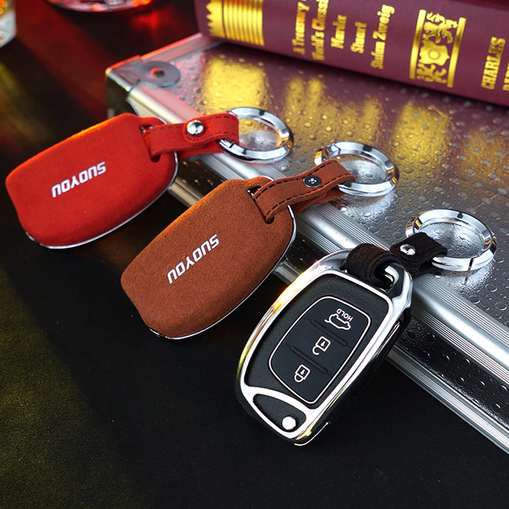 New Suede Leather 3 Button Folding Flip Key Case Fob Cover For Hyundai Creta I10 I30 HB20 Elantra/Santa Fe- key Pouch