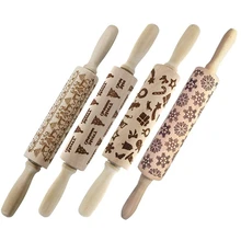 Christmas Wooden 3D Rolling Pins Embossed, Embossing Rolling Pin with Engraved Christmas Themed Symbols for Baking Embossed Cook