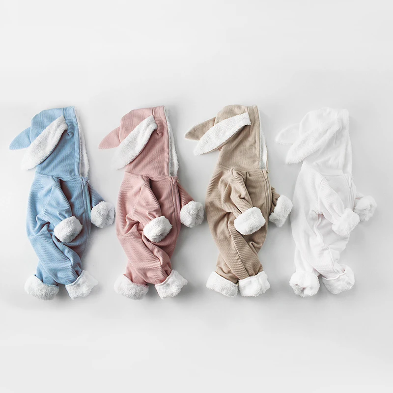 Newborn Baby Girls Boys Hooded Rabbit Ear Thick Winter Outerwear Romper Jumpsuit