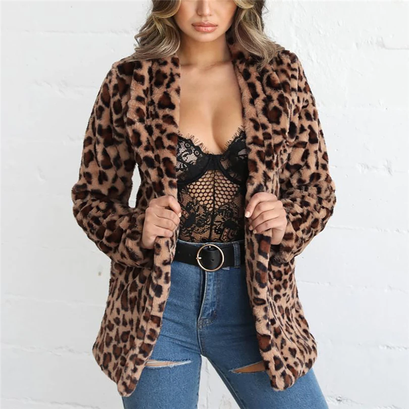 ##BUY Womens Leopard Faux Fur Coat Winter Thicken Warm Long Sleeve Jacket Furry Slim Coat Outerwear Female Elegant Trench Overcoats A4