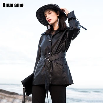 

Unua amo PU Leather Biker Jacket Women Motorcycle Coat 2020 Fashion Mid-long Slim Bandage Black Faux Leather Jacket