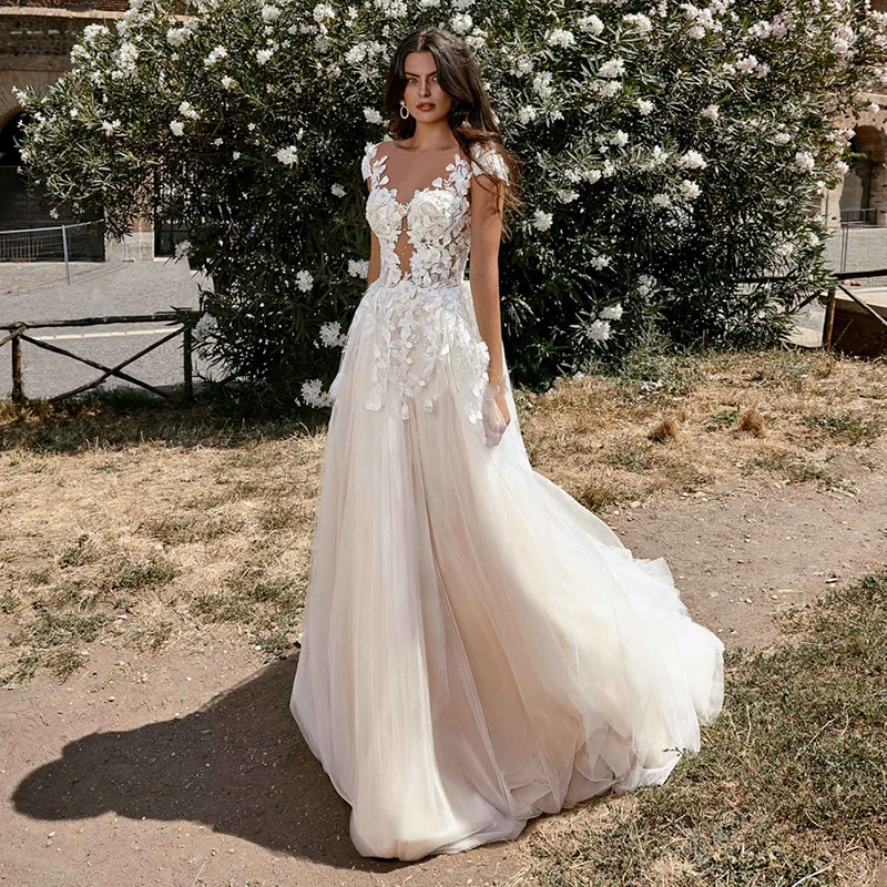 

Eightale Wedding Dresses 2020 Cap Sleeves A Line Sleeveless Lace Appliques Court Train Open Back Bridal Gowns Vestido De Noiva