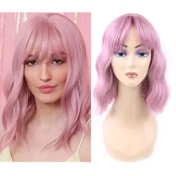 

Hywamply 14" Pastel Wavy Wig With Air Bangs Women's Short Bob Pink Blue Grey Wig Curly Shoulder Length Synthetic Cosplay Wigs