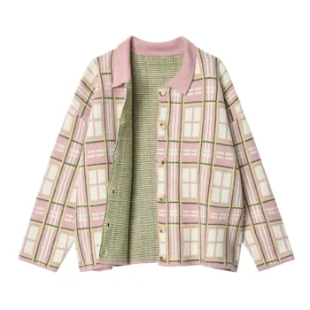 

H.SA 2019 Women Sweater and Cardigans Retro Vintage Plaid Korean Sweaters Fall Fashion Loose Pink Sweater Outwear Coats
