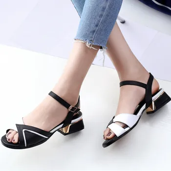 

New Mixed Colors Genuine Leather Rome Women Sandals Brand Square Toe Hoof Heels Buckle Party Office Lady Basic Shoes