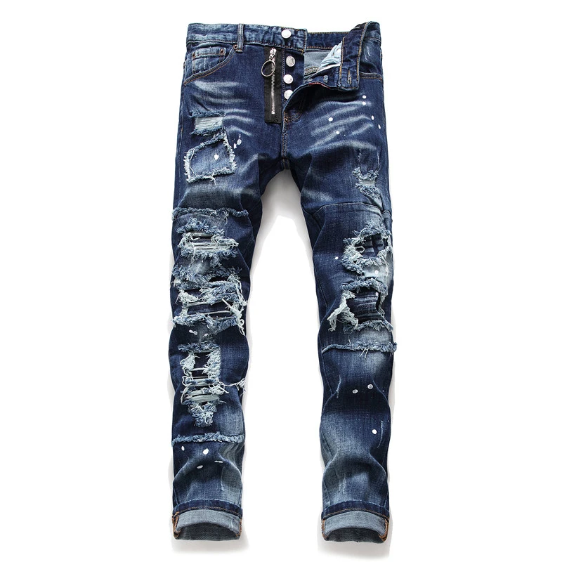 

New jeans men stretch ripped skinny jeans men blue paint pants male trousers clothes streetwear Spring Autumn Winter hip ho
