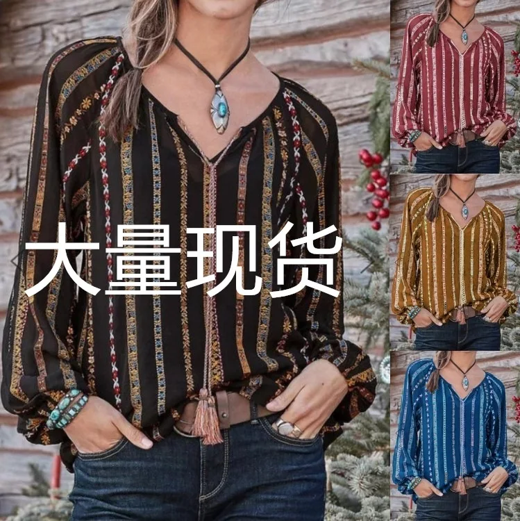 Plus size blouse spring / summer 2020 Women's fashion striped print V-neck wild long sleeve shirt top women