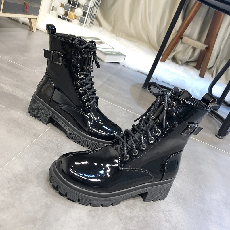 White Western Boots Cowboy Boots Women New Lace Up Leather Boots Black Ankle Boots Women Fashion Punk Combat Boots Platform