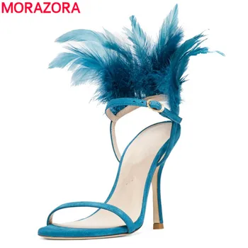 

MORAZORA Hot sale sexy high heels sandals women party prom dance shoes sexy stilettos feather fashion women sandals summer shoes
