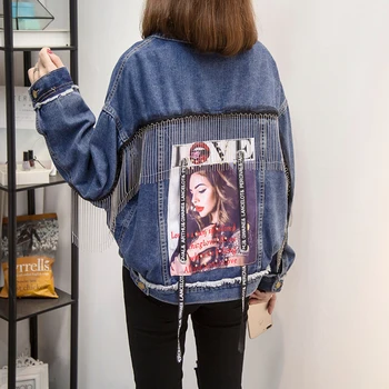 

Harajuku Loose Blue Jeans Jacket Spring New Plus size Bat sleeve Print Tassel Single-breasted Denim Jacket Women Casual Coat 5XL