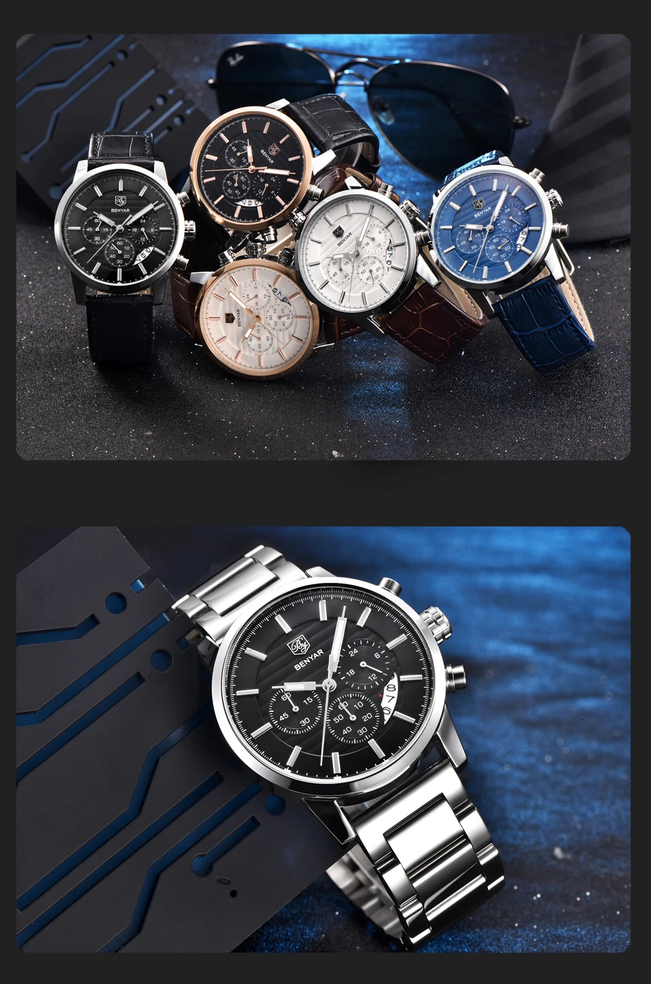 Мужские спортивные кварцевые часы с хронографом, ремешок из кожи и нержавеющей стали, водонепроницаемые деловые часы, мужские часы