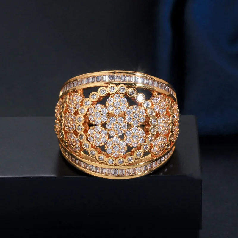 Gold Color BeaQueen Round Cubic Zircon Stones Micro Paved Flower Shape Big Women Finger Rings Gold Bridal Jewelry for Engagement Party R096 - Цвет основного камня: Gold Color