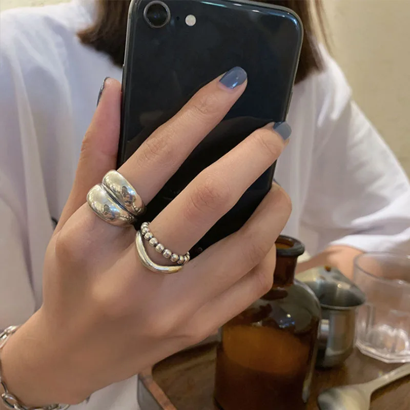 VENTFILLE 925 Silver New Thick Simple Wave Light-shaped Solid Double-layer Rings Trendy Couple Ring Female Gift - Image 3