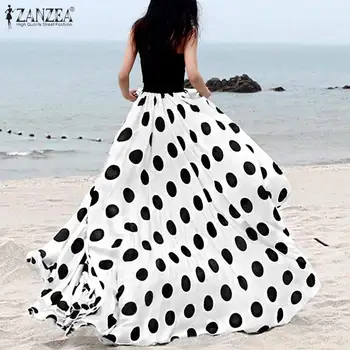 

Plus Size 2020 Summer Women Retro Polka Dot Printed Long Skirts ZANZEA Casual Baggy Faldas Skirt Ladies Bohemian Jupe Femme 5XL