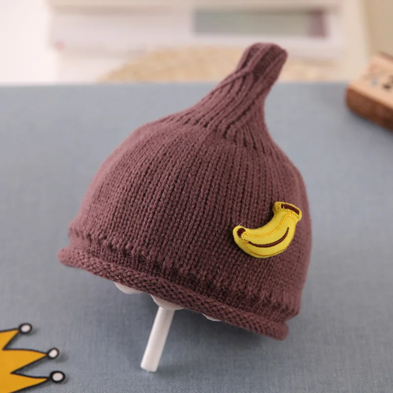 Милый, с большими глазами, фруктовые зимние шапки для детей, теплые вязаные хлопковые шапки для девочек и мальчиков, реквизит для фотографии, шапочки-бини для малышей, детские шапки - Цвет: Coffee- banana