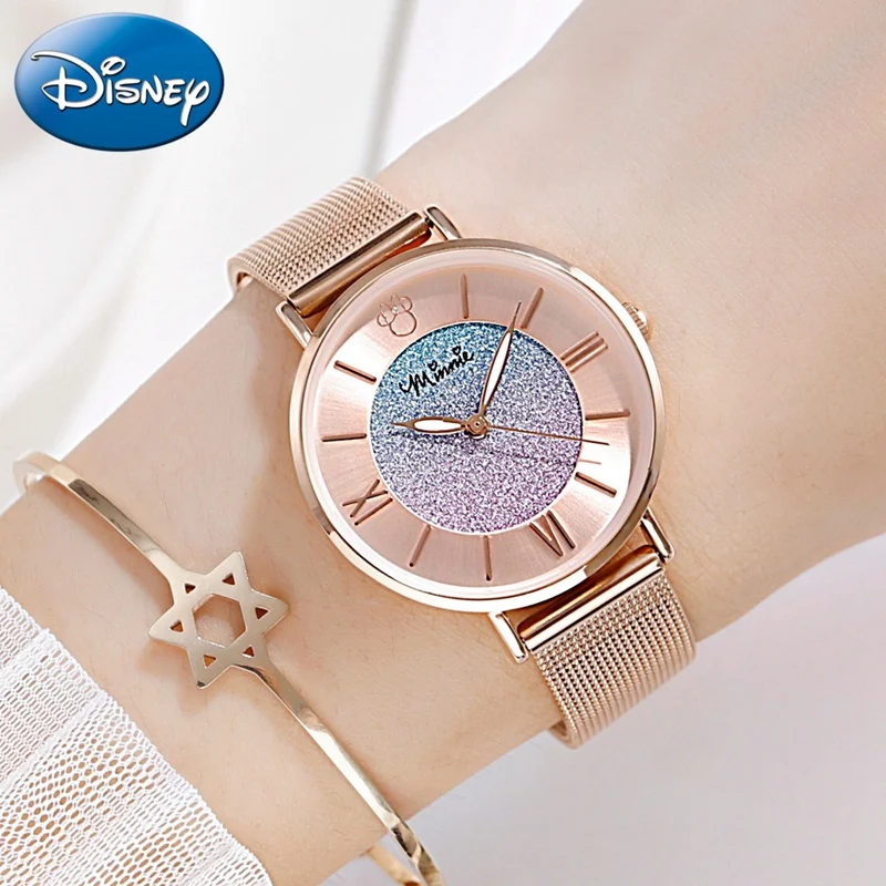 

Minnie Mouse Ladies Colorful Starry Stainless Steel Quartz Waterproof Watches Womens Luxury Disney Ultrathin Watch Girls Clocks