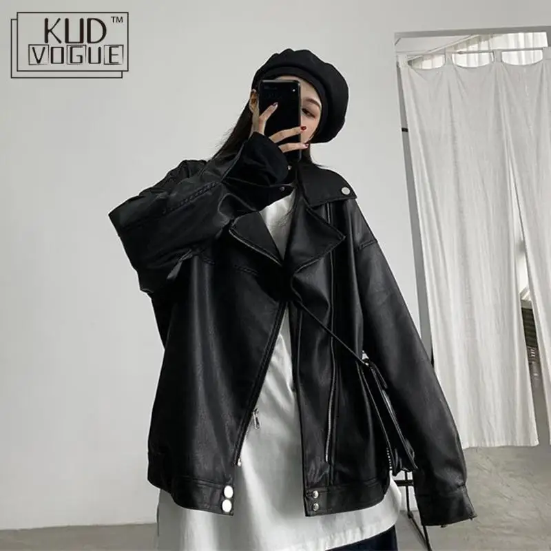 astounding  Spring Black Faux Pu Leather Oversize Lapel Zipper Bomber Jacket For Women Locomotive Punk Outerwea