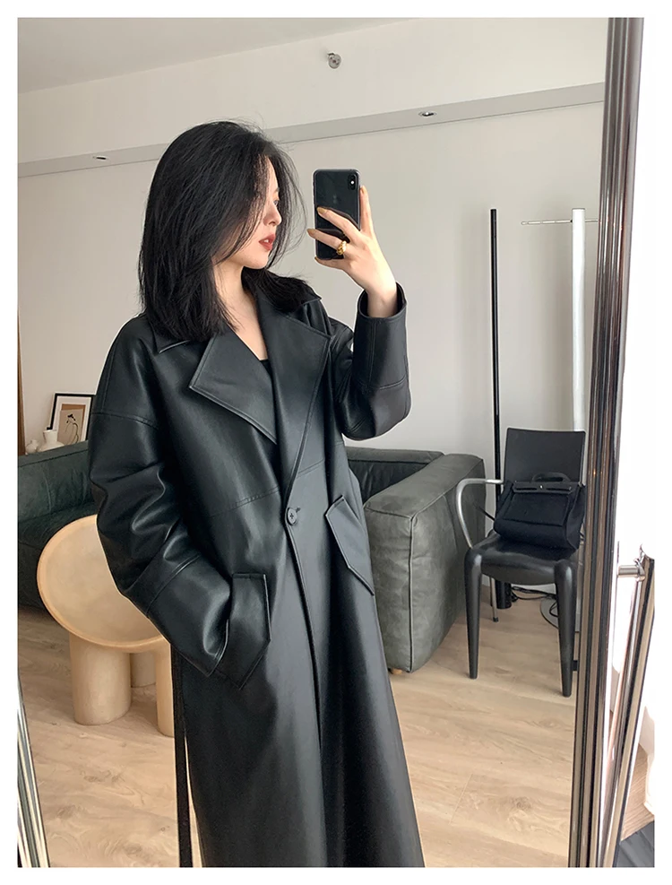 Lautaro Spring Autumn Long Oversized Black Leather Trench Coat for Women Sashes Single Button Loose Stylish Korean Fashion 2021 black parka