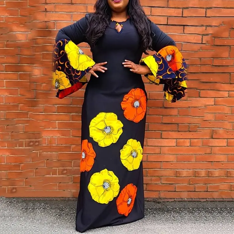

Casual Loose Women Plus Size Flare Sleeve Floral Print A-Line Dress Long Maxi Female Dresses Robe Vestiods Elegant Evening Party
