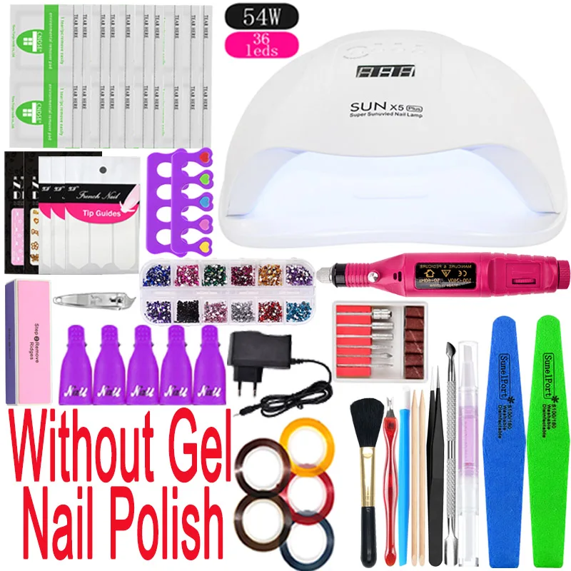 54w no Nail polish 36/48/54 Вт УФ светодиодный светильник Сушилка маникюрный набор для нейл-арта, инструменты набор гель-лаков для ногтей Набор для ногтей электрическая дрель полный набор кистей - Цвет: 54w no Nail polish