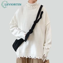 Men Women Ripped Pullovers Sweaters Solid Color Knit Loose Casual Pullover Hip Hop Hole Sweater