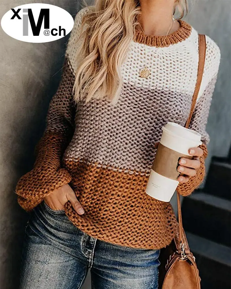 

xiM&M@ch Autum Winter New Wide Striped Sweater Big size Knit Tops Long-Sleeve Loose fit Knitted Pull over KN08070F