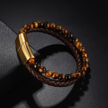Men Yellow Tiger Eye Bracelet Many Styles Stainless Steel Magnetic Clasp Brown Genuine Leather Wrist Jewelry Handsome Boy Gifts