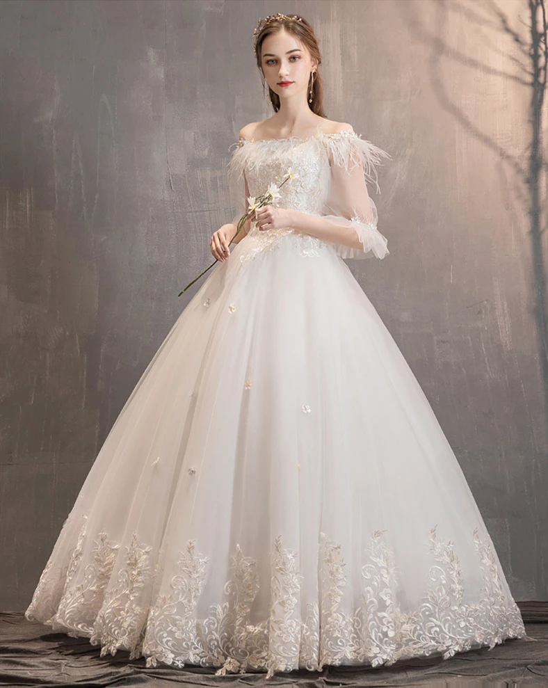 Роскошные кружевные свадебные платья Половина рукава с плеча кружева аппликации перьевой шар платье элегантные платья невесты Gelinlik