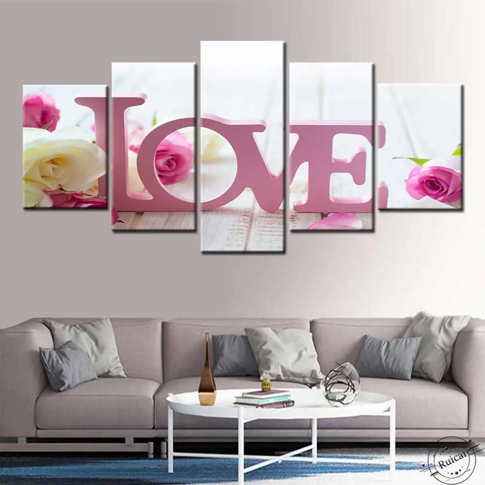 Hd Frame 5 Pieces Of Beautiful Pink Rose Painting Canvas Nordic Modern Print Wall Art Picture Of Living Room Home Decoration Painting Calligraphy Aliexpress