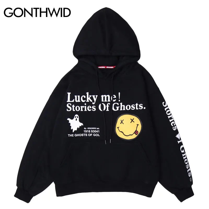 GONTHWID Lucky Me Smile Face Print Fleece Hooded Sweatshirts Hoodies Harajuku Fashion Casual Pullover Tops Streetwear Hip Hop