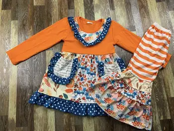 

orange fall pumpkin ruffle top with stripe kid girl pant set