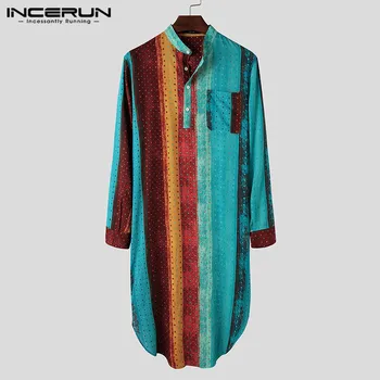 

INCERUN Autumn Colorful Print Nightgown Men Long Sleeve Stand Collar Sleep Robes Striped Homewear Men Cotton Sleepwear Plus Size