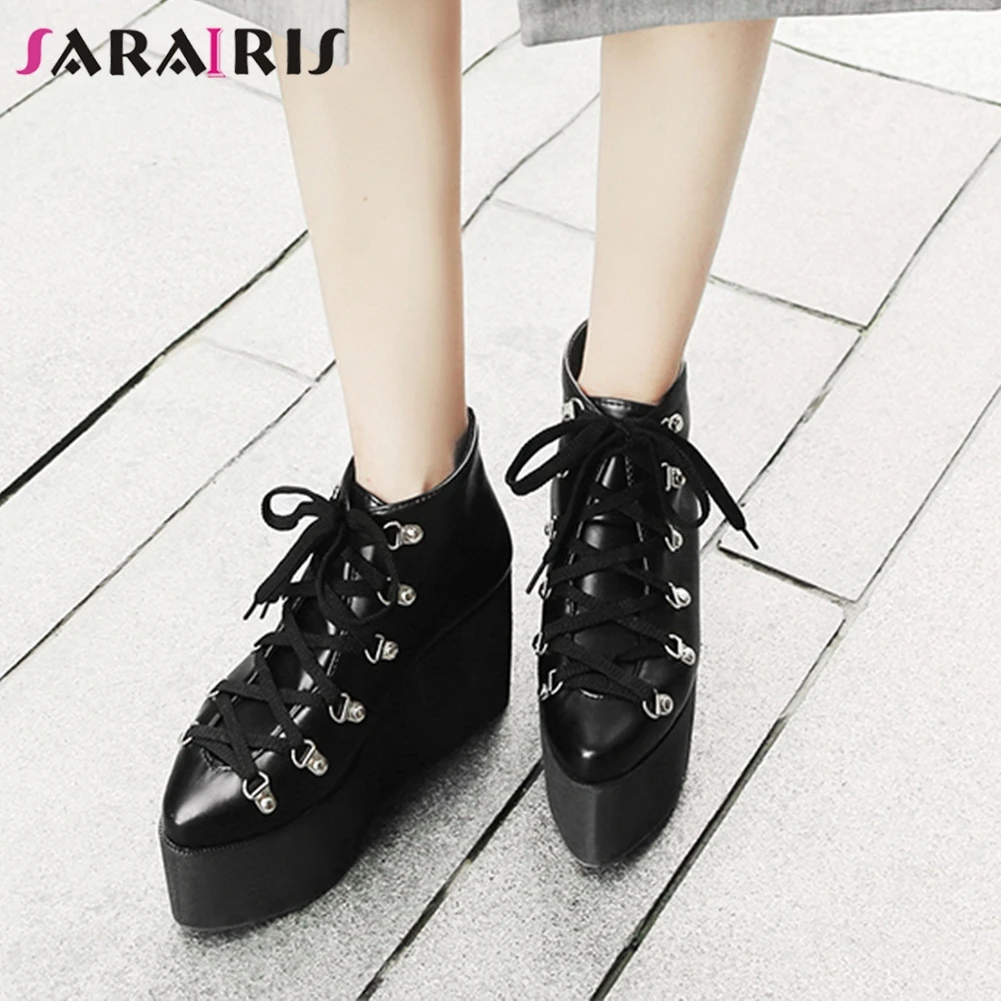

SARAIRIS New Fashion Street Lace Up Flat Platform High Heels Ankle Boots Woman Spring Autumn Women Boots Woman Plus Size 33-47