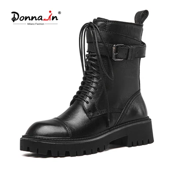 

Donna-in Genuine Leather Lace-up Zipper Black Flat Martin Boots Female 2020 Autumn New Boots Thick-soled Motorcycle Boots