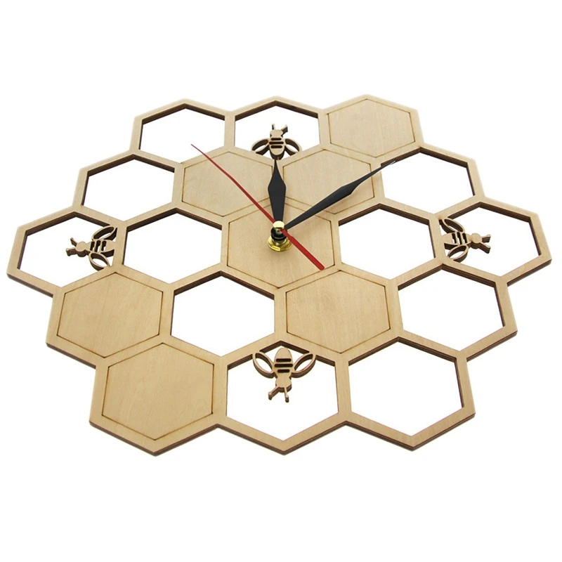 New-Cut Wood Clock Honey Bee on Honey Comb Hexagon Nature Watch Wall Clock Geometric Kitchen Art Decor