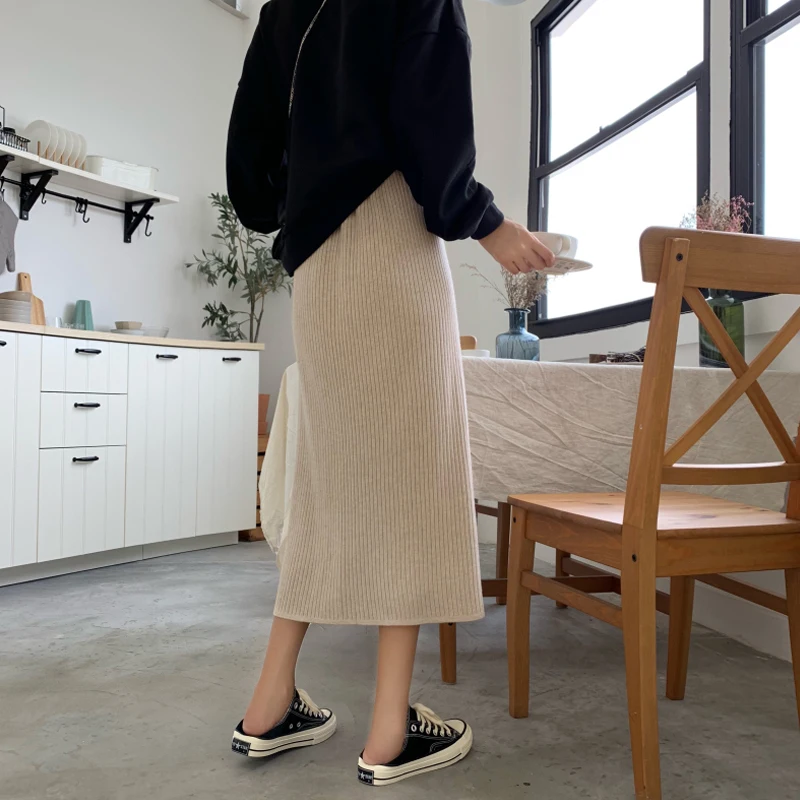 Casual Warm Knitted Autumn Winter Skirts Womens Solid Side Single Breasted High Waist Korean Long Skirts For Women Workwear