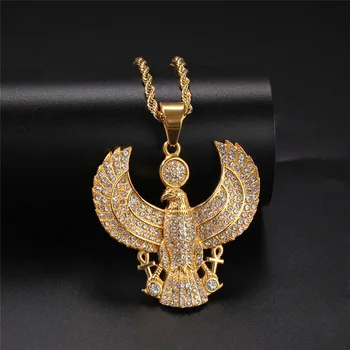 

Iced Out Egyptian Eagle Necklace Gold Color Wing Chain Necklaces Stainless Steel Ankh Cross Hip Hop Jewelry Egypt Religion