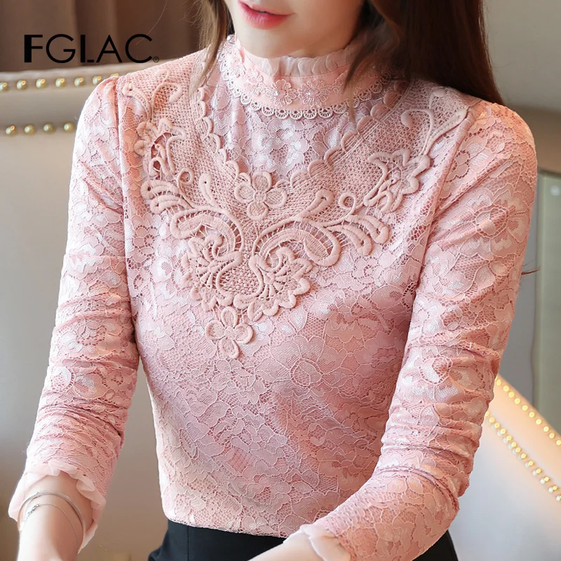 

blusas mujer de moda 2019 Autumn winter lace shirt Turtleneck blouse women Plus size 3XL 4 color womens tops and blouses