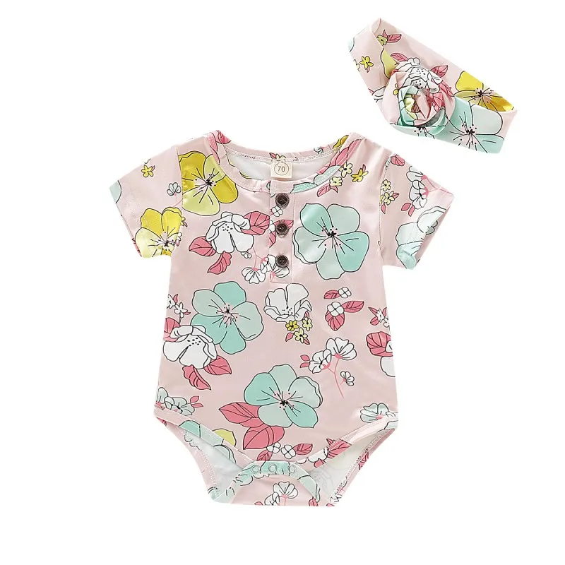 

hilittlekids 2Pcs/Set Summerborn Baby Girls Floral Print Set Short Sleeve Bodysuit+Headband
