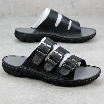 

Men Summer Genuine Leather Buckle Slippers Sandals Shoes Male Cow Leather Casual Japan Vintage Beach Sandal Slippers Shoes