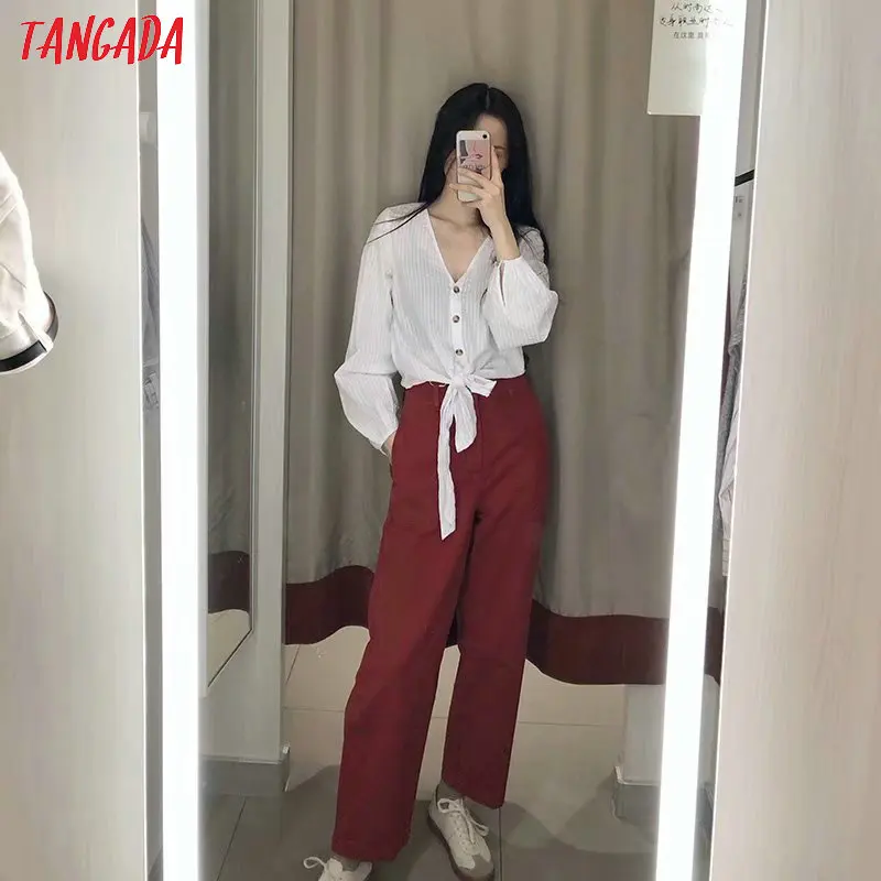 Tangada Женские повседневные красные джинсы брюки с высокой талией свободные стильные брюки с карманами стильные джинсовые брюки 4M16