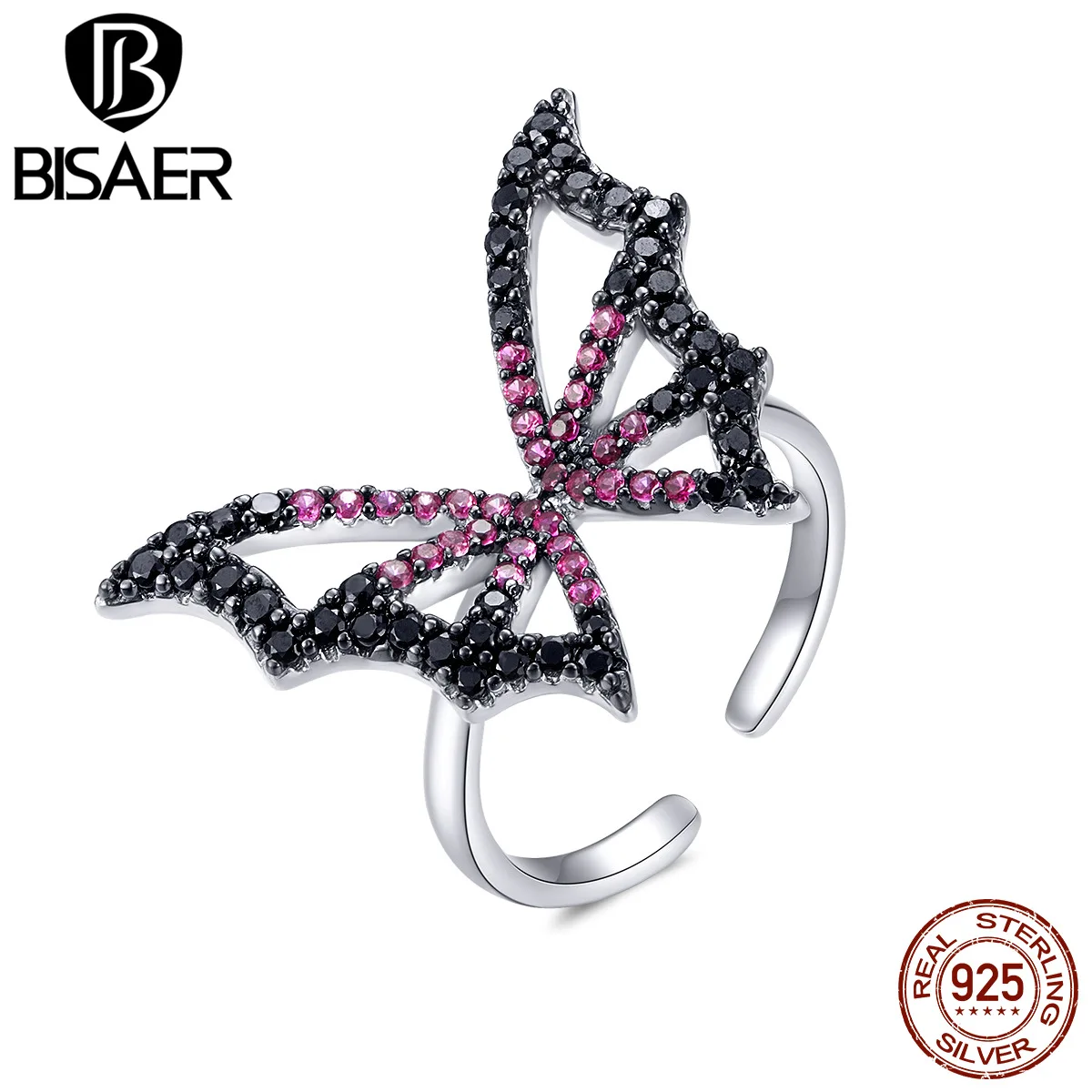 

2020 New Bisaer hyperbolic rings 925 Sterling silver Butterfly Elf finger rings for women Black Pink zircon fine jewelry GAR072