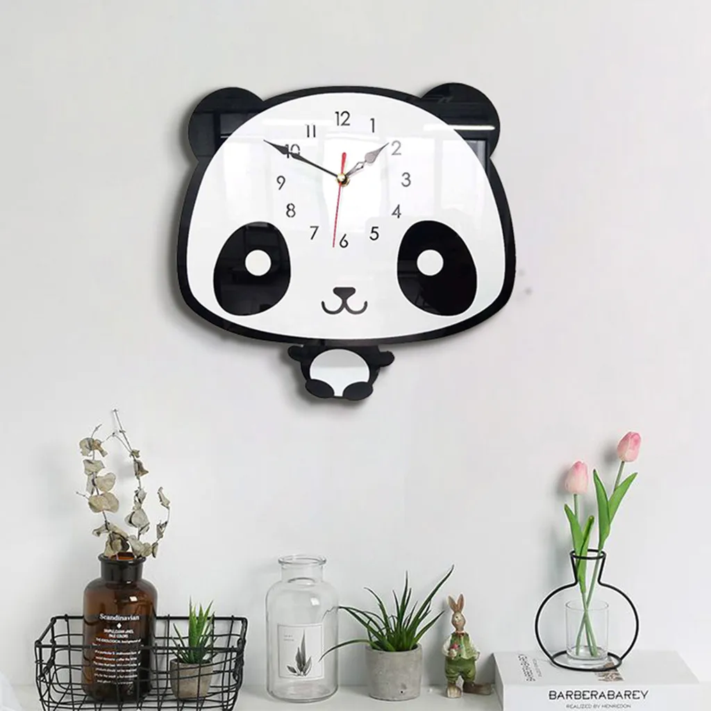 

Amecor Nordic Style Panda Wall Clock Modern Wooden Cute Pattern Silent Wooden Clock for Home Living Room Wall Deco Clock #45