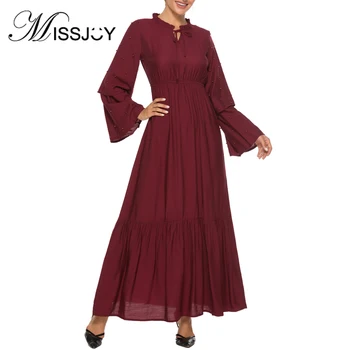 

MISSJOY 2019 Elegant High Waist Abaya Turkish Dress Women Muslim Solid Color Ruffle Flare Sleeve Diamond Islamic Clothing Casual