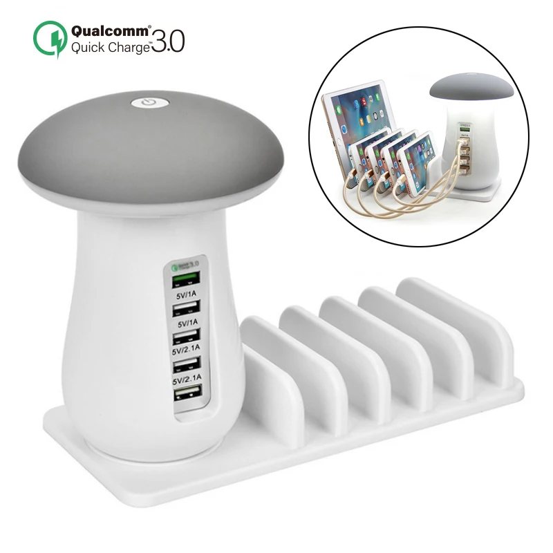 

Multi Port Quick Charger Station Mushroom Lamp QC3.0 Fast Charging for Smart Phone + Led Lamp +USB Charge Station Dock 5V 2.1A
