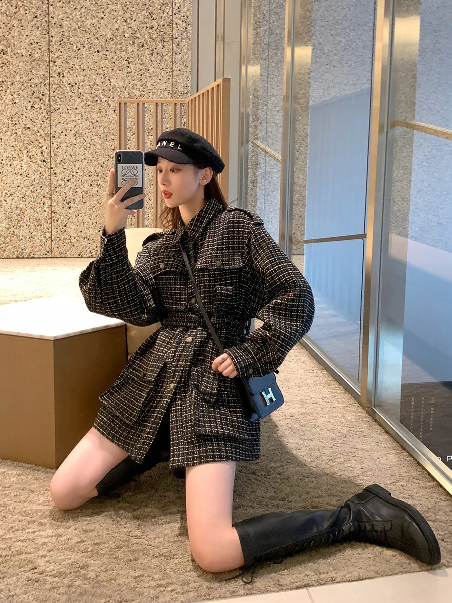 

Tops Women's 2019 New Style Retro Hong wei chao NS Super Fire Sense of Design Single Breasted Non-mainstream Plaid Woolen Coat