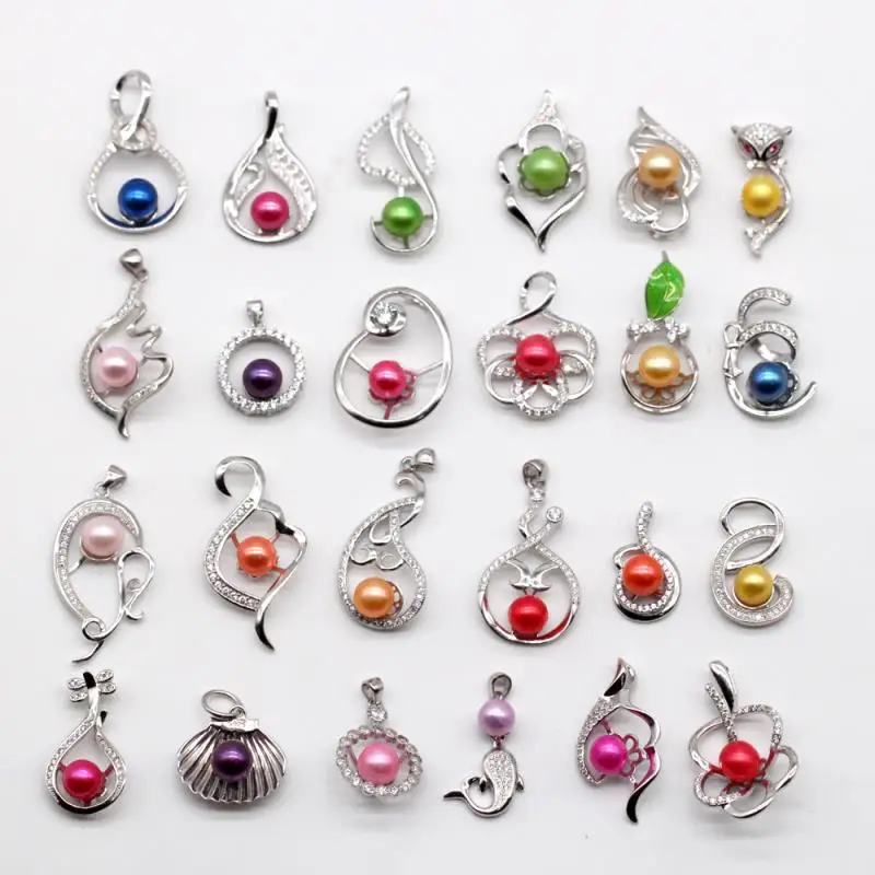 

ON SALE !!! 24 Styles 925 Sterling Sliver Pearl Pendant Mounts Sterling Jewelry with 6-8mm random mix color pearls 5/10pcs SS01